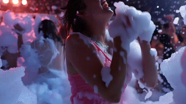 Young woman dancing joyfully in foam party with friends during summer festival with vibrant lights