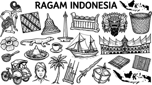 Indonesian Culture and Travel Icons Hand Drawn Black and White Line Art Set - Traditional Symbols and Landmarks