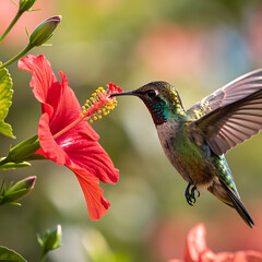 Fototapeta premium Vibrant Hummingbird Feeding on Red Hibiscus Flower in Flight