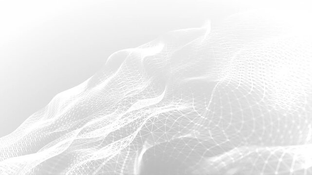 Abstract white wireframe landscape with flowing mesh waves and futuristic digital design. Minimal technology background for modern motion graphics.