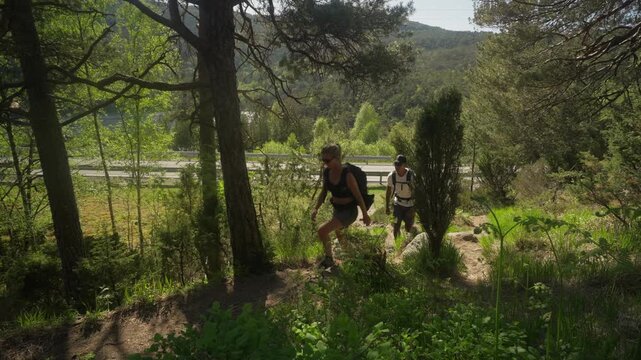 Couple of young hikers begin their forest trail adventure, gradually walking uphill through nature with a scenic road visible in the background.