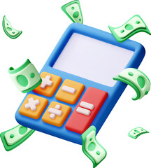 3D Calculator with floating paper money.