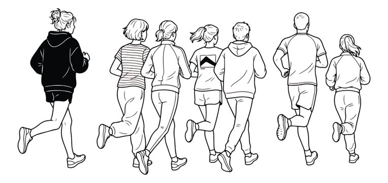 Minimalist line art of people running from back view, group of joggers in athletic wear vector, diverse marathon runners sketch for fitness and health concepts