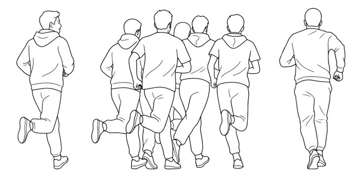 Minimalist line art of people running from behind, group of joggers in athletic wear, black and white outline vector of marathon runners