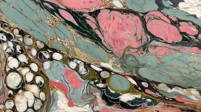 Abstract Veining of Stone: A macro view showcases the intricate and organic patterns formed by the natural veining of a colorful stone, with swirling pinks, greens.