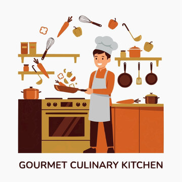 A male chef in a hat and apron cooks vegetables in a frying pan. His gourmet kitchen features many cooking utensils.