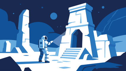 Illustration Of An Astronaut Exploring A Space Temple Who Discovers Ruins Vector Design Template © Princess