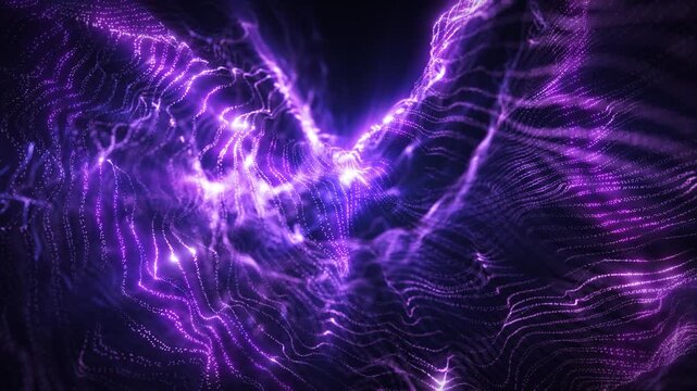 Abstract glowing purple energy waves with flowing digital particles and futuristic motion effect. Vibrant sci-fi background for technology and motion graphics visuals.