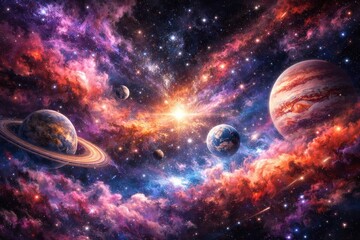 Fototapeta premium Vibrant cosmic scene with planets.