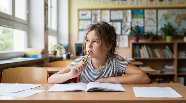Schoolgirl Daydreaming Classroom Desk ADHD Inattention