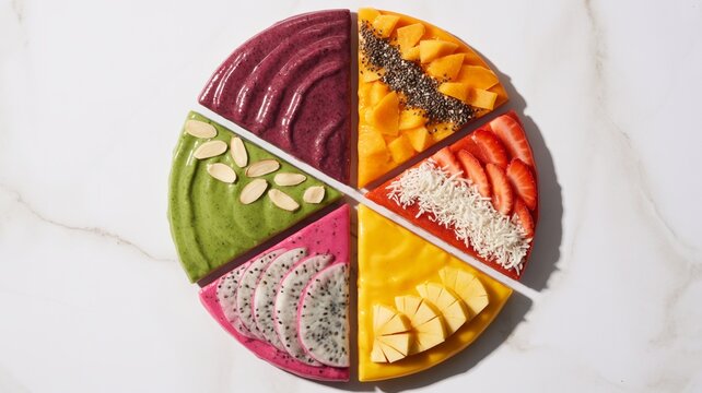 Smoothie bowls arranged in colorful pie chart formation &ndash; Perfect for nutrition analytics, healthy lifestyle marketing, or diet program ads.