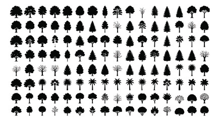 Black tree silhouettes collection, set of 112 minimalist nature icons, forest and park vegetation vector elements for landscape architecture and maps © Chaudhary
