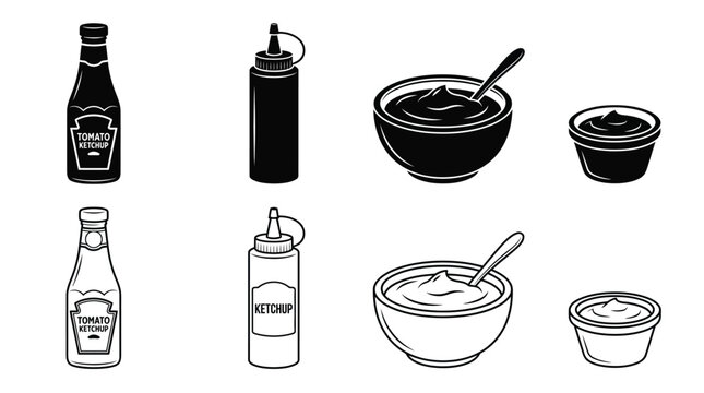 Ketchup and condiment containers black and white line drawing