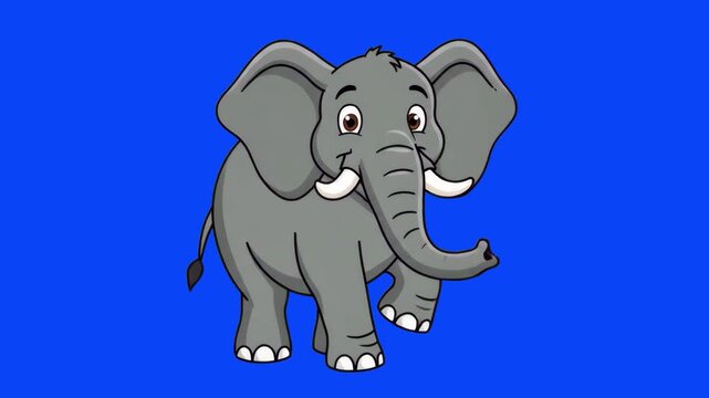 A funny grey cartoon elephant with white tusks moves to a playful rhythm in a continuous dance loop. The flat vector animation stands out clearly against a solid blue backdrop, optimized for mobile ap