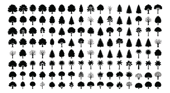 Black tree silhouettes collection, set of 112 minimalist nature icons, forest and park vegetation vector elements for landscape architecture and maps