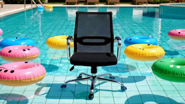 Black Mesh Office Chair Sitting in Blue Swimming Pool Among Colorful Donut Floats