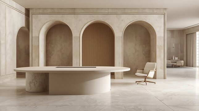 Elegant Reception Area with Arched Design and Modern Furniture.
