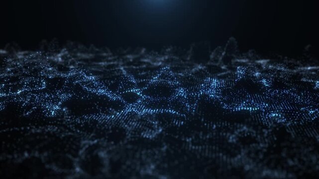 Abstract blue digital landscape with glowing particle waves and futuristic mesh motion. Technology background for cyberspace and cinematic motion graphics visuals.