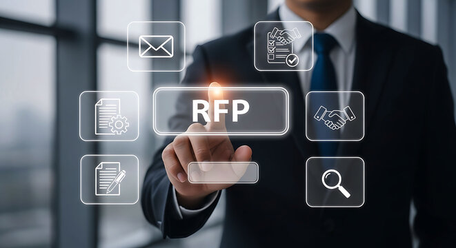 Businessman touching virtual RFP button for Request for Proposal business concept