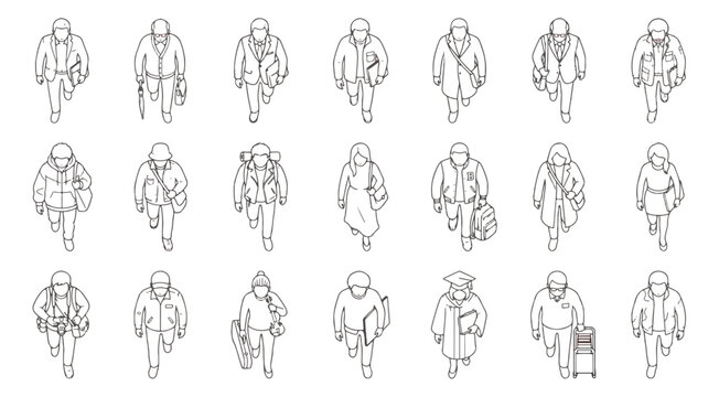 Isometric people walking top view vector set, 21 outline human figures for architectural visualization, minimalist black and white urban crowd characters