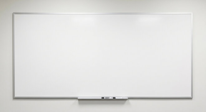 Clean and empty large whiteboard with an aluminum frame mounted on a plain white wall. A small tray at the bottom holds dry-erase markers and an eraser. This minimalist classroom or boardroom setup of