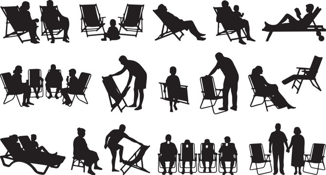 Silhouettes of people sitting and relaxing in various folding lawn beach chairs Vector
