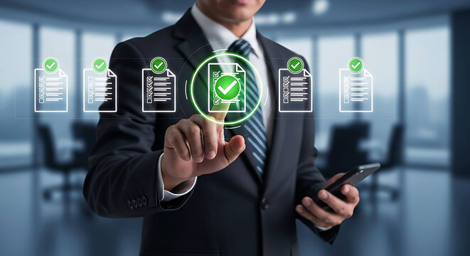 Business executive managing digital compliance checklists and official approved documents online