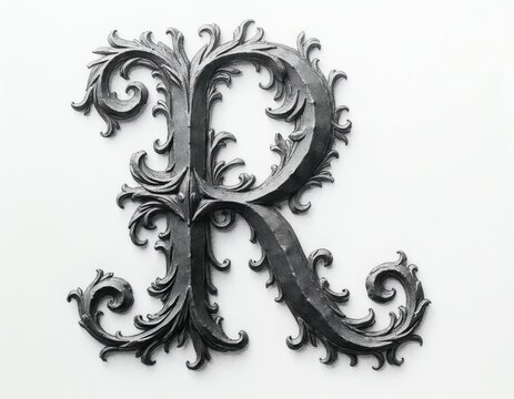 Ornate initial letter R with vintage floral flourishes. Decorative black capital letter for graphic design projects. Elegant monogram element for branding and typography.