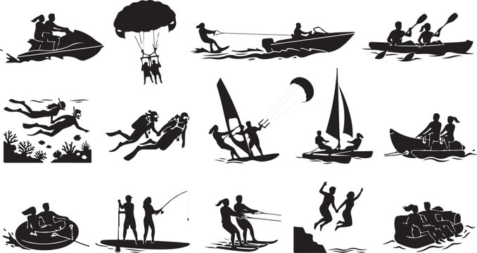 Set of black silhouettes showing people enjoying various water sports and activities Vector