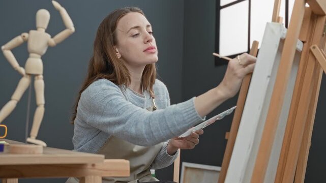 Woman painter holds brush and palette, paints at an easel while resting brush near her chin in a studio; quiet contemplation.