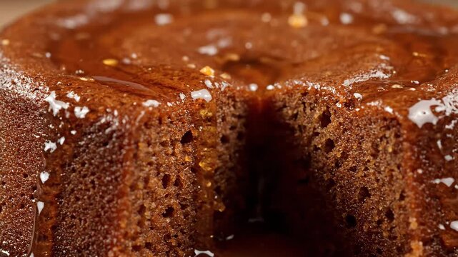 Macro close-up of rich brown dessert cake being drizzled with viscous golden honey or syrup, creating an appetizing glaze and highlighting the moist texture of the baked sweet treat.
