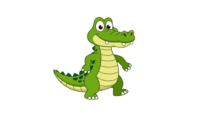 A cheerful 2D vector crocodile character jumps and dances happily with a wide smile. The clean animation loop is set against an isolated solid white background, making it easy to integrate into childr