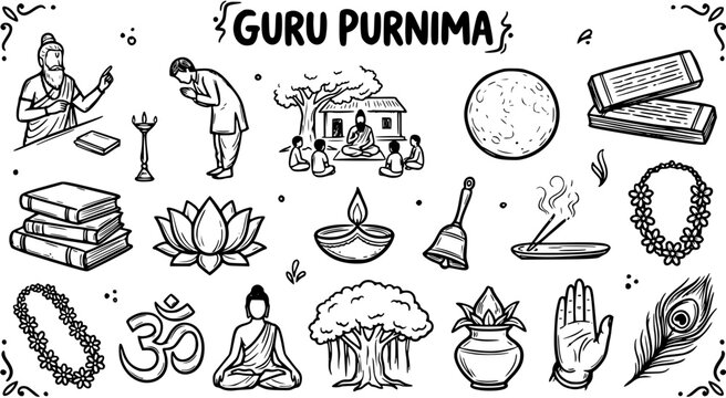 Guru Purnima Black and White Line Art Icons Set, Indian Festival Celebration Vector