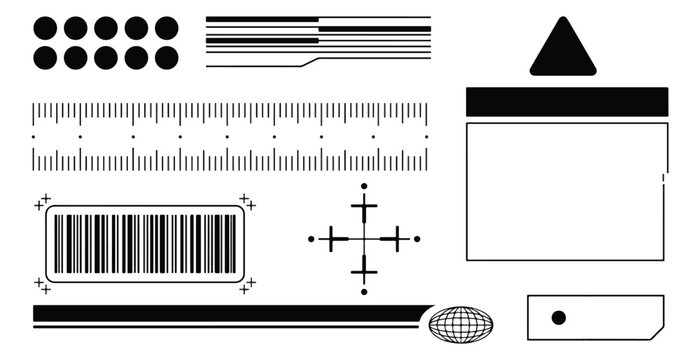 Futuristic HUD UI elements vector set, black tech interface graphics with barcode and ruler, sci-fi cyberpunk display components for digital design