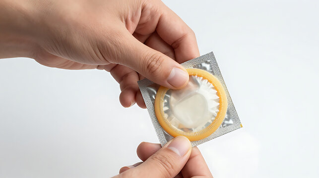 Hand holding condom package and unopened condom