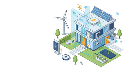 Fototapeta premium Smart home with solar panels and wind turbine