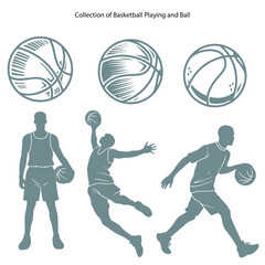 Collection of basketball player silhouettes and basketball ball illustrations © Graphistichub