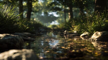 Fototapeta premium Calm Stream Flowing Through a Lush Green Forest with Sunlight Reflections
