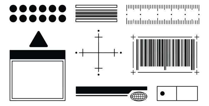 Minimalist industrial graphic elements, black and white technical vector set, barcode and measurement scale icons for packaging design