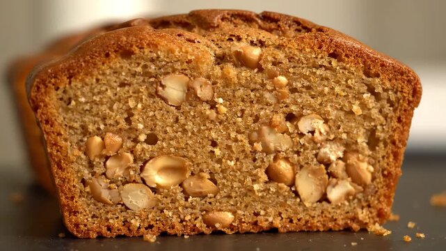 Close-up macro shot of a freshly baked golden brown nut loaf cake, showing the textured crumb embedded with whole peanuts or macadamia nuts, ready for slicing and enjoying as a snack.
