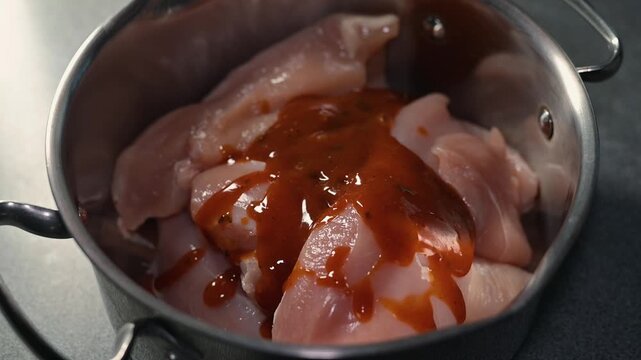 The process shows someone mixing raw chicken with marinade in a bowl to enhance the flavor. This activity takes place in a kitchen setting and focuses on the preparation of meat for cooking
