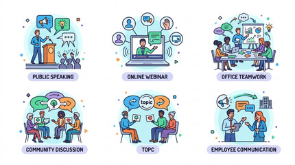 Fototapeta premium Colorful vector illustration set of business interaction concepts and office teamwork scenes