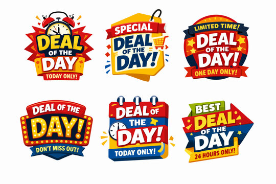 Deal of the day badges vector collection featuring flash sale promotions and discount tags for limited time offers