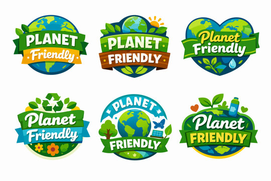 Collection of planet friendly badges and labels, illustrating environment protection, ecology, and sustainable living