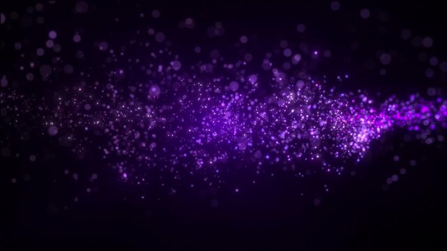 Abstract purple glowing particles with sparkling light trail and cosmic energy effect. Futuristic digital background for motion graphics and sci-fi visuals.