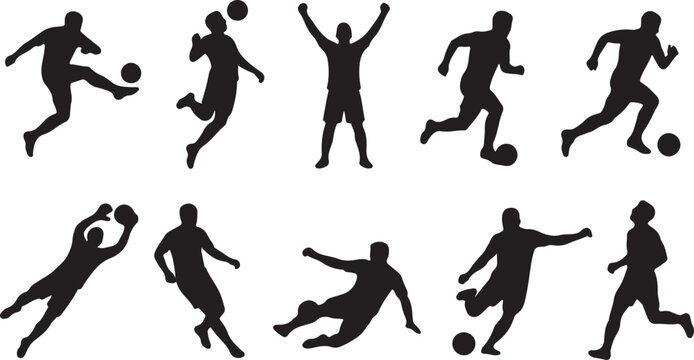 Black silhouettes of soccer players in various actions