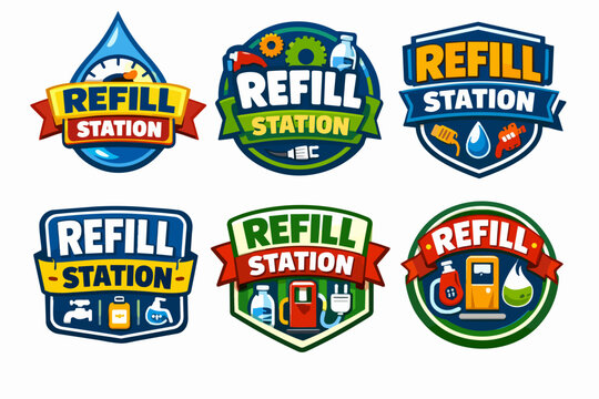 Collection of colorful refill station logos supporting eco-friendly practices, sustainability, and zero waste initiatives