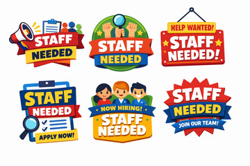 Naklejka premium Staff needed signs collection featuring multiple flat design badges and labels for hiring, job vacancy, and employment concepts