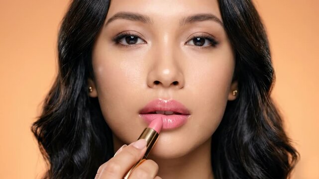 A serene portrait of a young woman looking at the camera while gently applying soft pink lipstick to her lips. This realistic lifestyle animation emphasizes natural beauty, cosmetics, and self-care ro