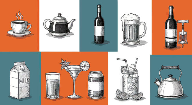 Set of Vintage Hand-Drawn Beverage Sketches Including Coffee, Tea, Wine, Beer, and Cocktails